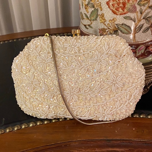 Handmade Ivory Beaded Sequins Aurora Borealis Evening Bag with Change Purse Set - Picture 4 of 13